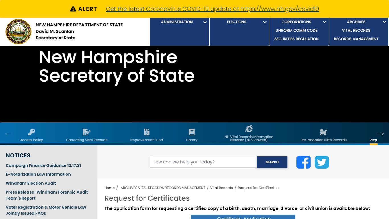 NH-SOS - Request for Certificates - New Hampshire Secretary of State